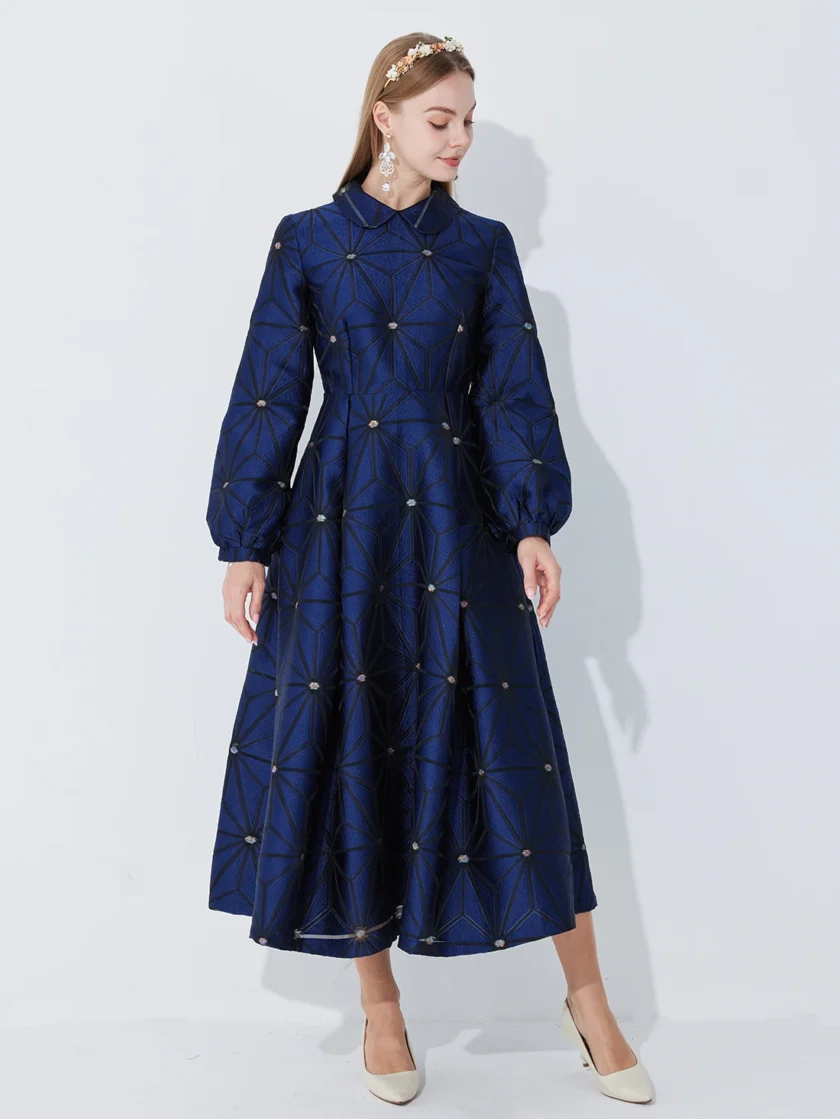 MiraMuze Fall Winter Turned Collar Lined Sleeve A-Line Silhouette Geometric Heavyweight Jacquard Elegant and Graceful Long Dress - Image 5