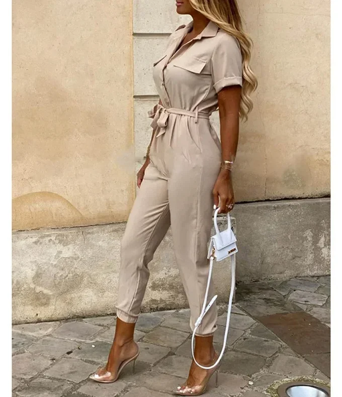 MiraMuze Summer Women's New Fashion Flip Collar Button Print Belt Lace Up Work Dress Casual Capris Jumpsuit Office