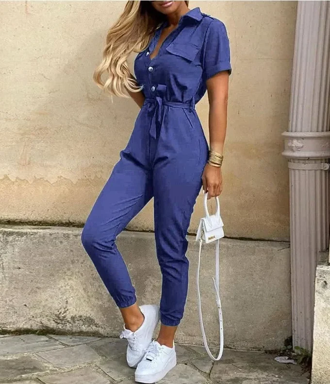 MiraMuze Summer Women's New Fashion Flip Collar Button Print Belt Lace Up Work Dress Casual Capris Jumpsuit Office