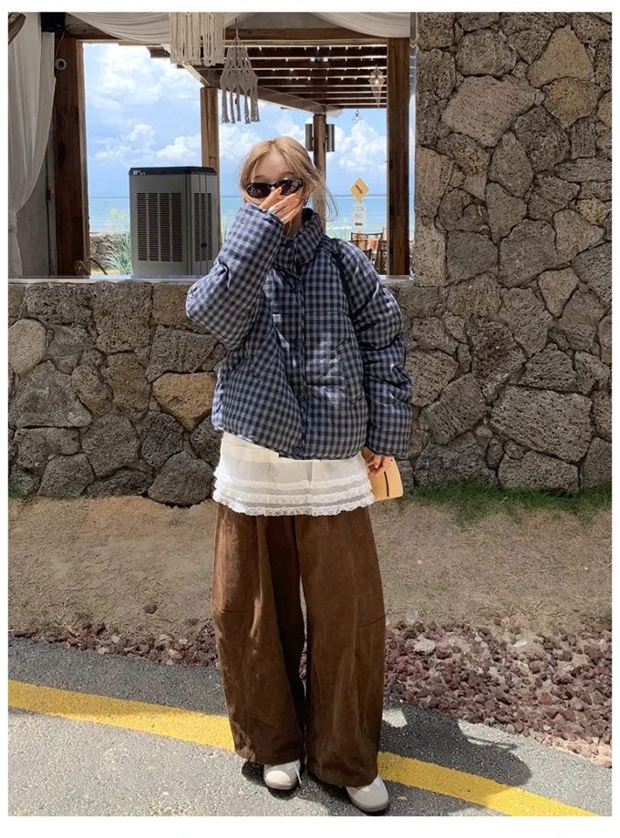 MiraMuze Short Plaid Parkas Women Streetwear Stand Collar Puffer Jacket Winter Korean Down Coats Fashion Cotton Padded Outerwears