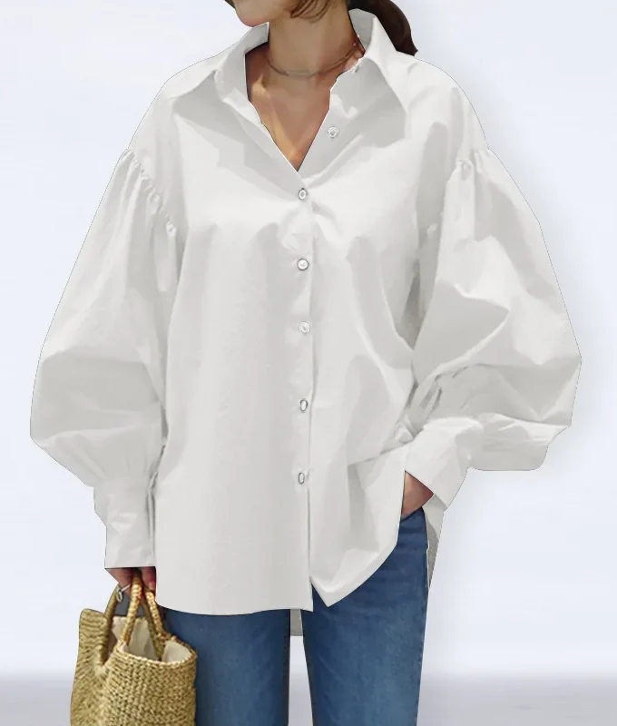 MiraMuze Muslim Women Top Blouse Single Breasted Turn Down Collar Lantern Sleeve Solid Color Tops Dubai Casual Shirt