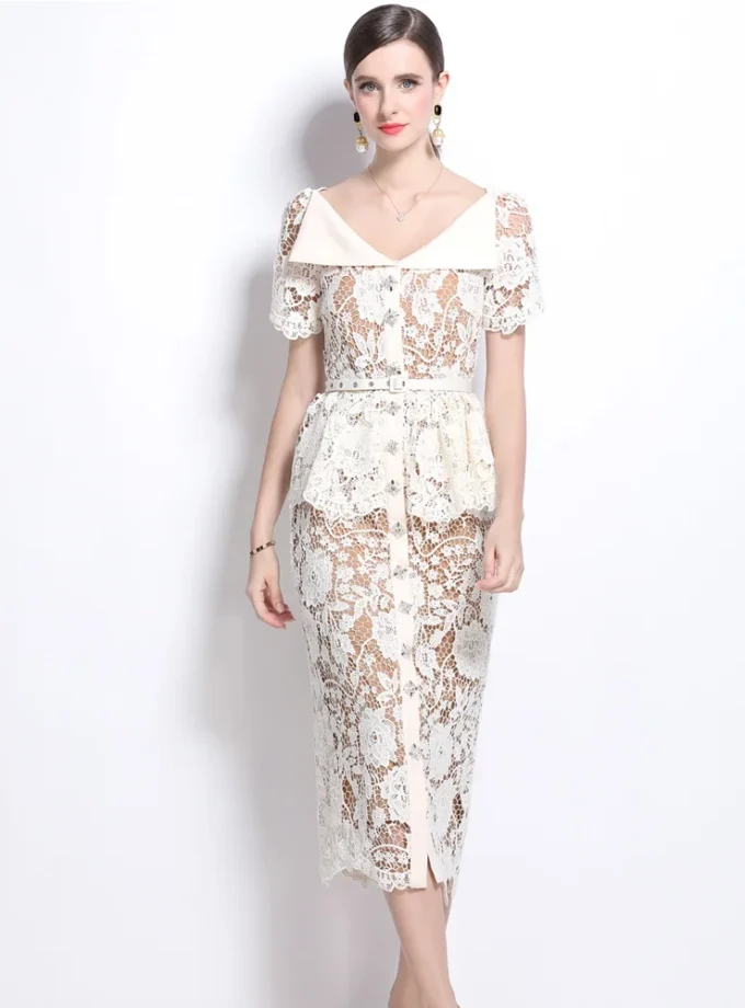 MiraMuze Elegant Temperament Lapel Short-Sleeved Lace Hollow-Out Dress Women’s Slim Waist Summer Dress with Belt