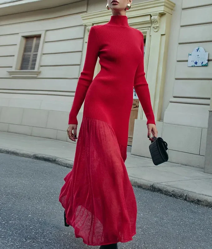 MiraMuze Autumn Women’s Stand Collar Long-Sleeve Dress Elegant High Waist, Pleated, Slim Fit, Long A-Line Design. Simple, Solid, and Perfect for Commuting