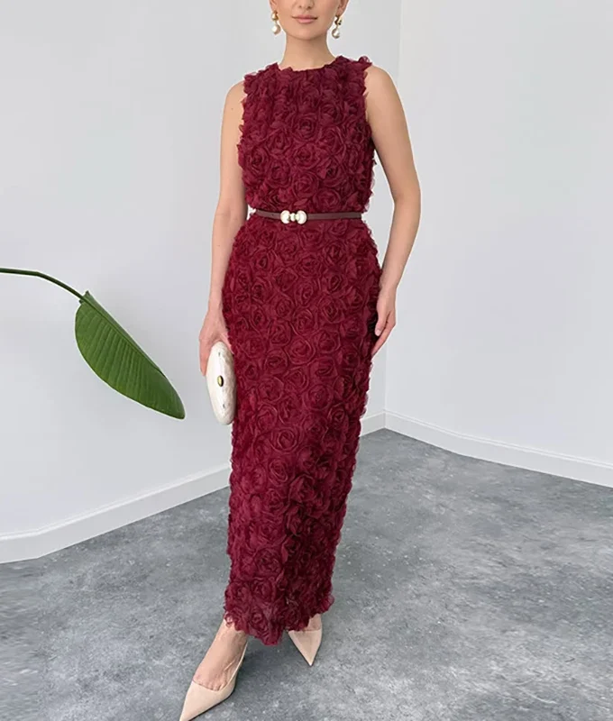 MiraMuze Fashion Temperament Long Dress Three-Dimensional Flower Solid Slim A-Line Dress 2025 Elegant Lady O-Neck Sleeveless Party Dress