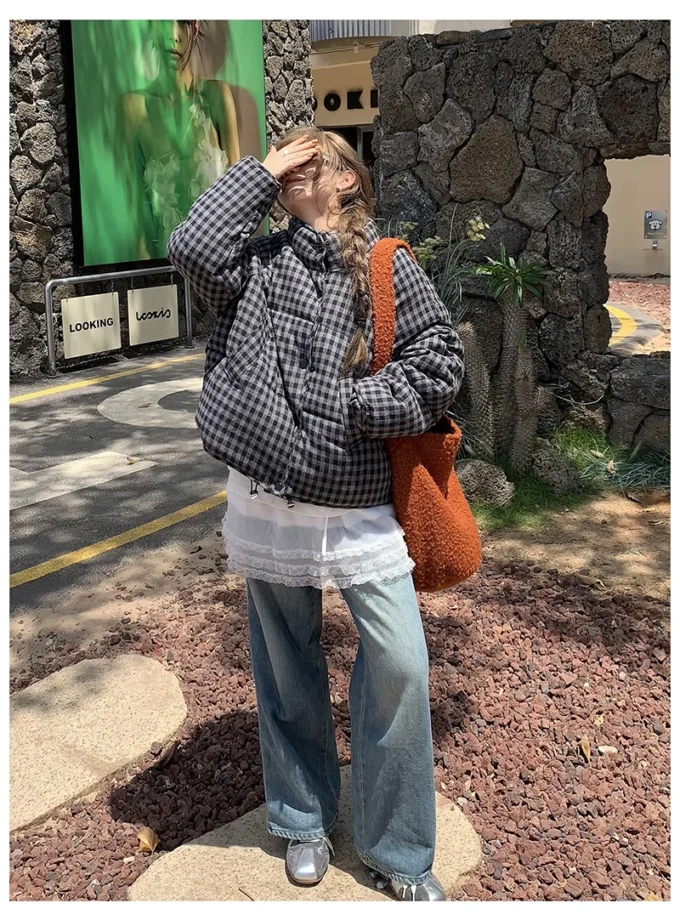 MiraMuze Short Plaid Parkas Women Streetwear Stand Collar Puffer Jacket Winter Korean Down Coats Fashion Cotton Padded Outerwears