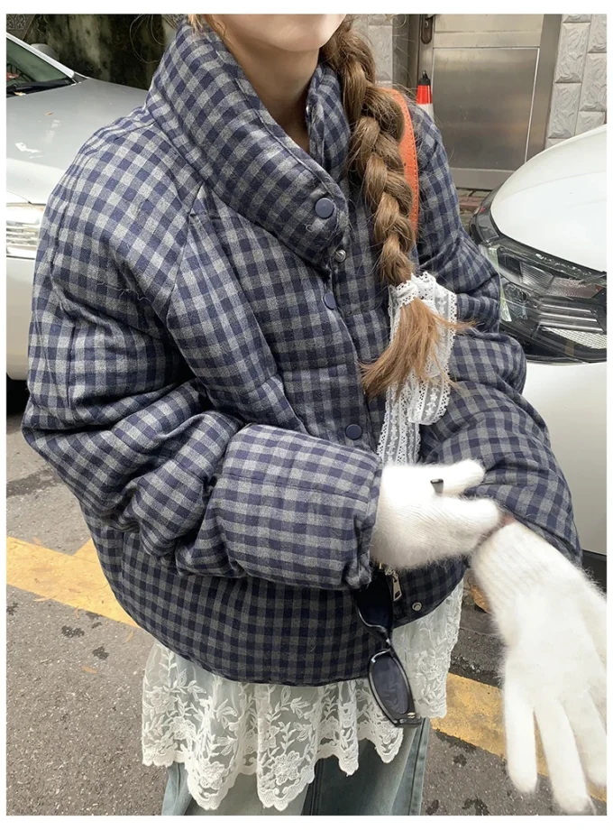 MiraMuze Short Plaid Parkas Women Streetwear Stand Collar Puffer Jacket Winter Korean Down Coats Fashion Cotton Padded Outerwears