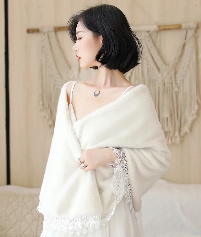 MiraMuze Faux Fur Shawl Wrap Stole Shrug Cover Up Fluffy Cape
