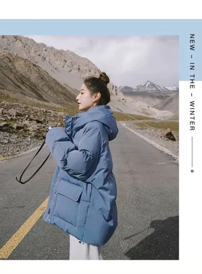 MiraMuze 2025 New Women's Loose Plus Thick Winter Hooded Flannel Coat Versatile Solid Color Down Jacket Winter Foggy Blue Women's Coat