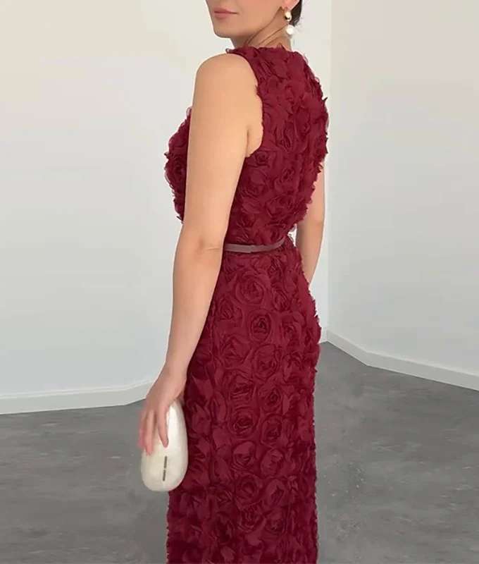 MiraMuze Fashion Temperament Long Dress Three-Dimensional Flower Solid Slim A-Line Dress 2025 Elegant Lady O-Neck Sleeveless Party Dress