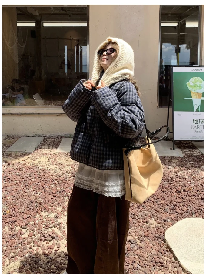 MiraMuze Short Plaid Parkas Women Streetwear Stand Collar Puffer Jacket Winter Korean Down Coats Fashion Cotton Padded Outerwears