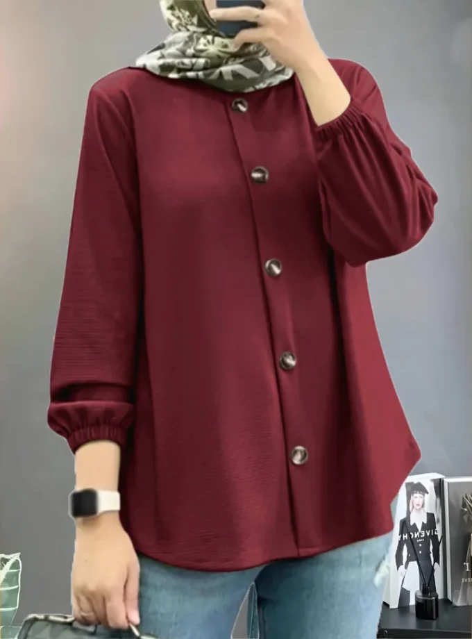 MiraMuze Women Muslim Tops Full Length Stand Collar Blouses Single Breasted Button Solid Cardigan Loose Casual Drape Dubai