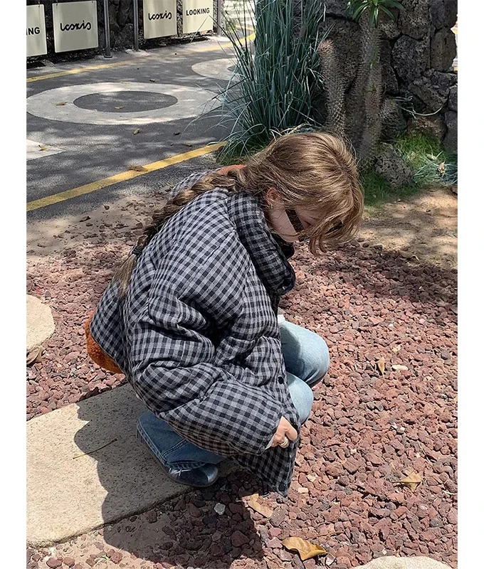 MiraMuze Short Plaid Parkas Women Streetwear Stand Collar Puffer Jacket Winter Korean Down Coats Fashion Cotton Padded Outerwears