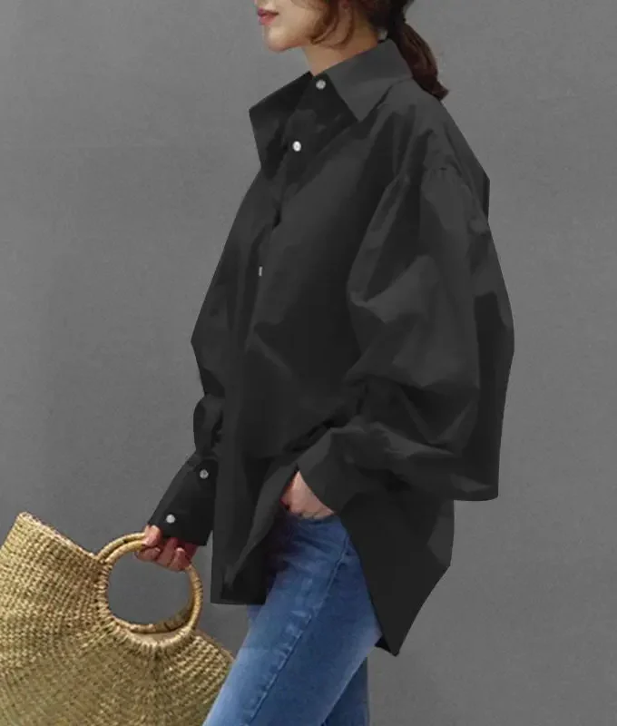 MiraMuze Muslim Women Top Blouse Single Breasted Turn Down Collar Lantern Sleeve Solid Color Tops Dubai Casual Shirt